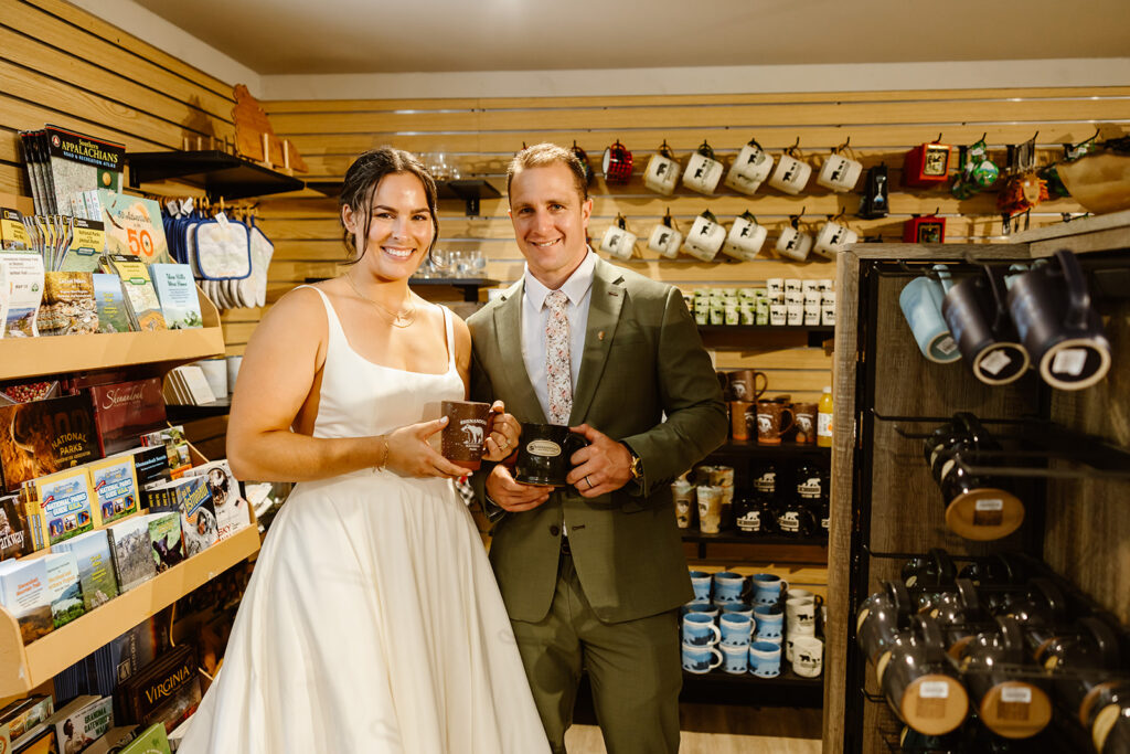 bride and groom at the souvenir shop