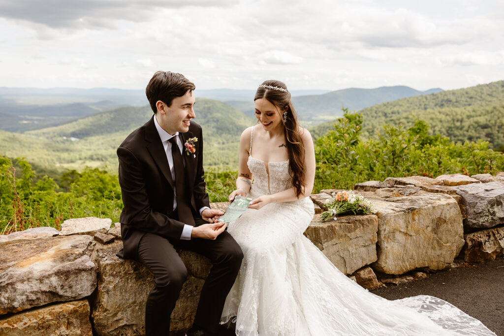 bride and groom scratching off a lottery ticket together