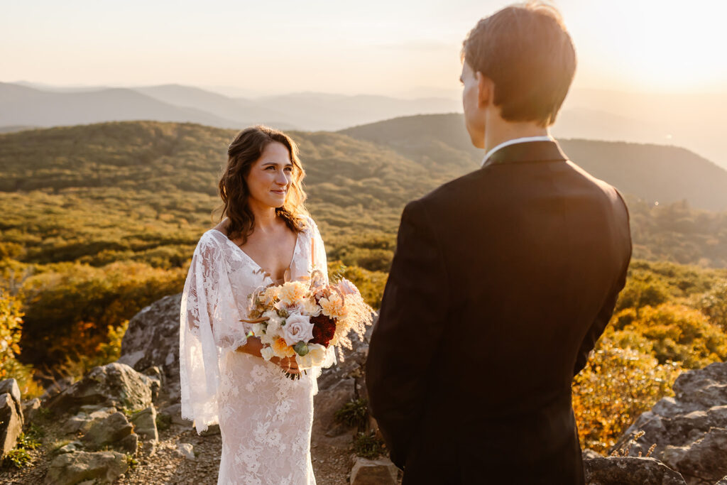 sunrise elopement ceremony at a mountain overlook in shenandoah national park