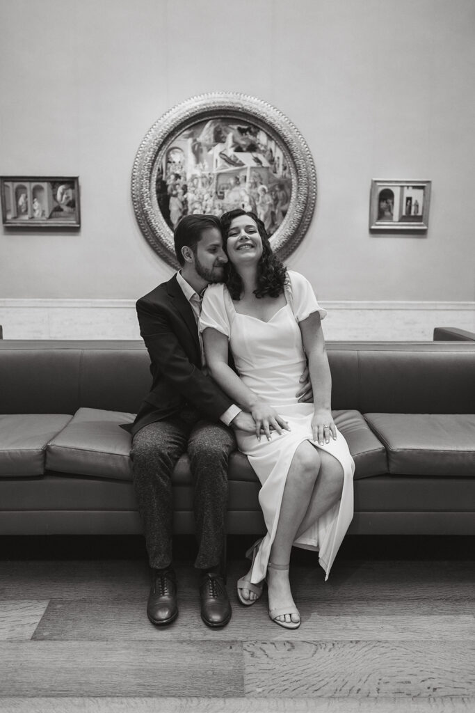 The couple enjoying their time together during their DC engagement photos in the National Gallery of Art