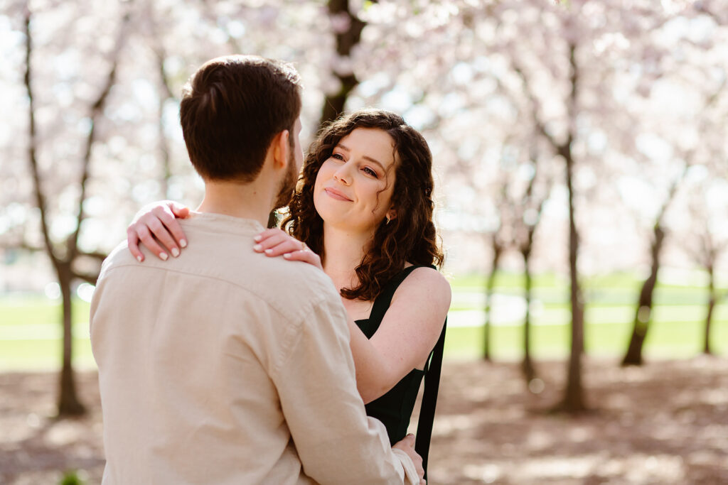 Spring DC engagement photo in the cherry blossoms at National Mall