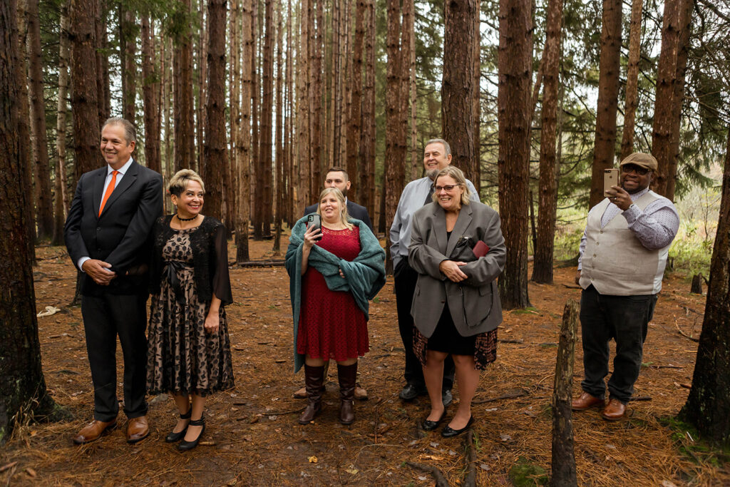 the family and friends at the fall elopement 