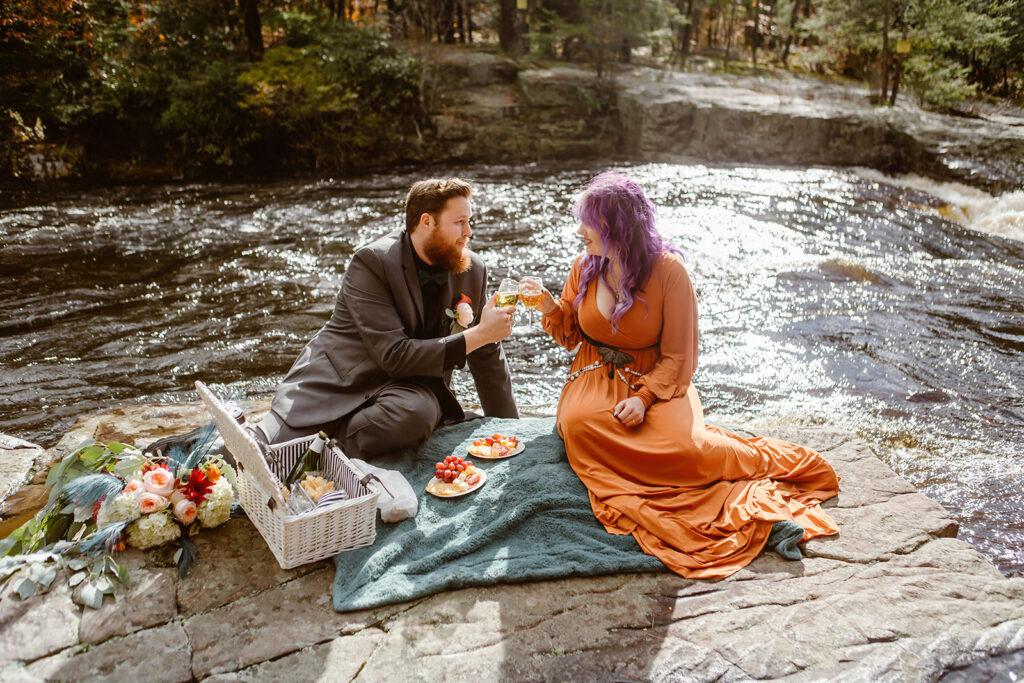 the wedding couple celebrating their marriage with a picnic 