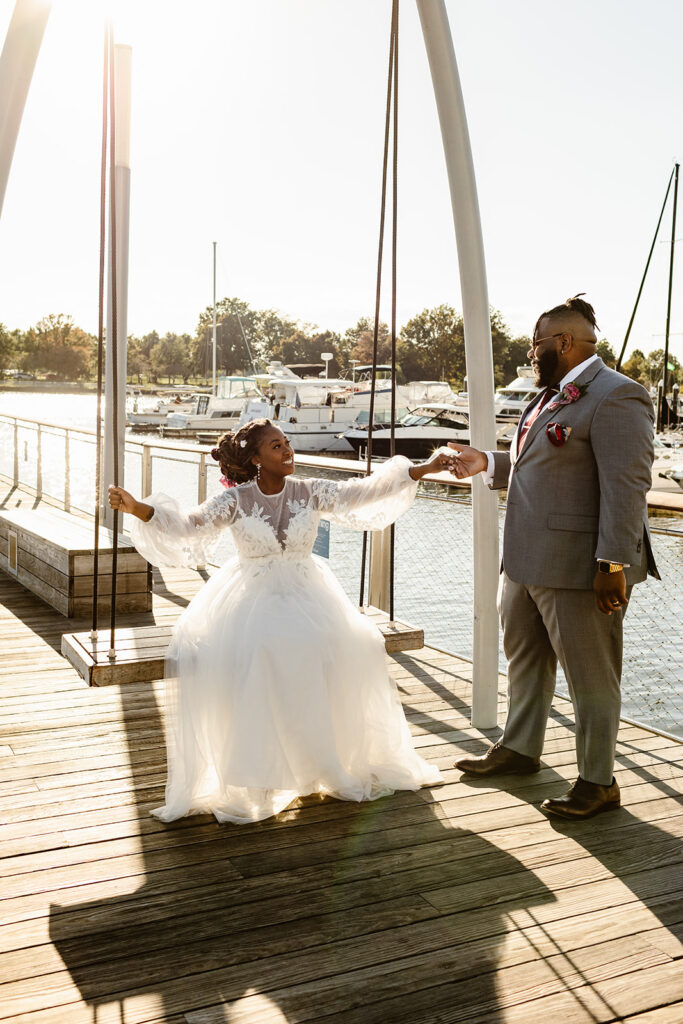 the wedding couple on the dock before their DC elopement reception