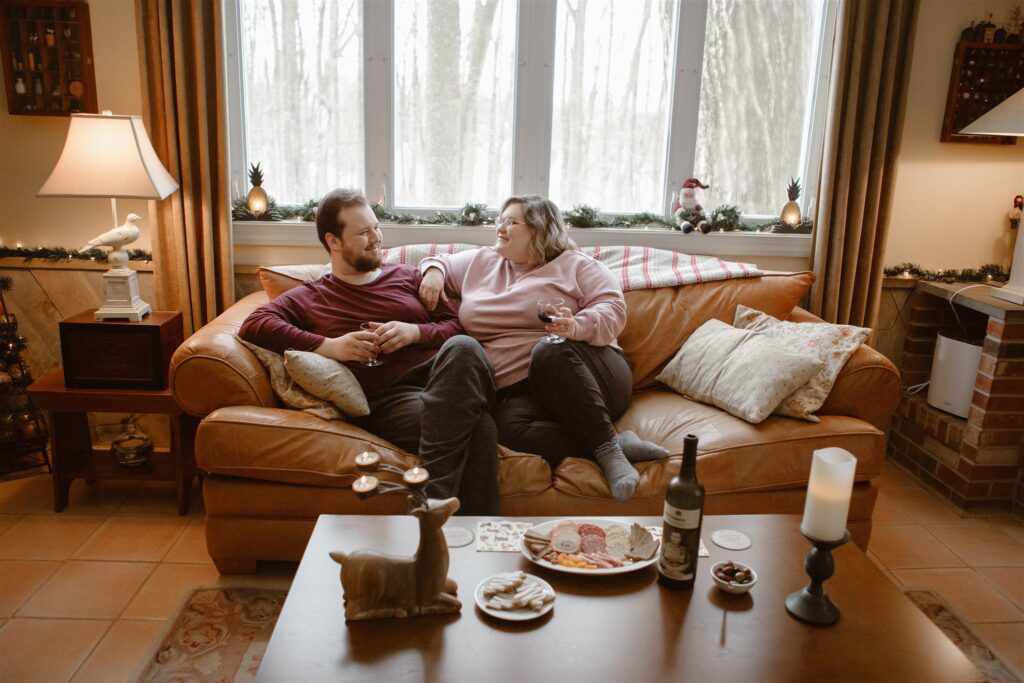 Christmas engagement photos for a cozy at home session