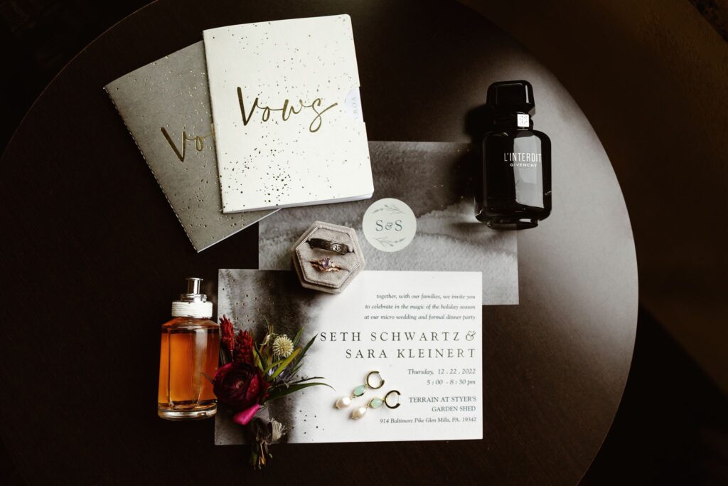 the wedding details of the winter wedding flat lay photography