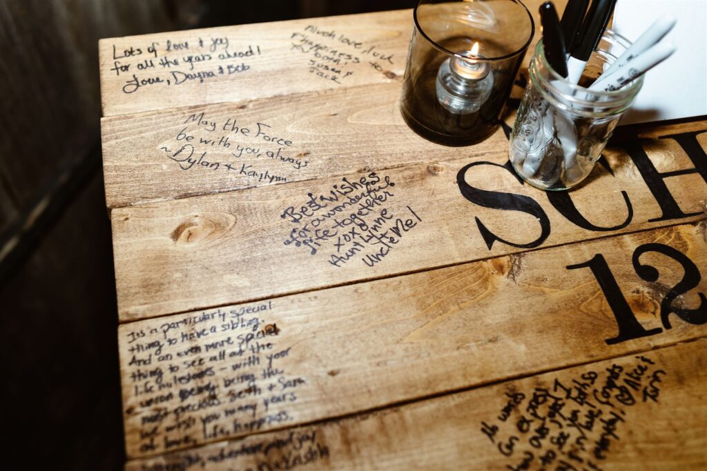 the board for all of the wedding guests to sign that attended the winter wedding