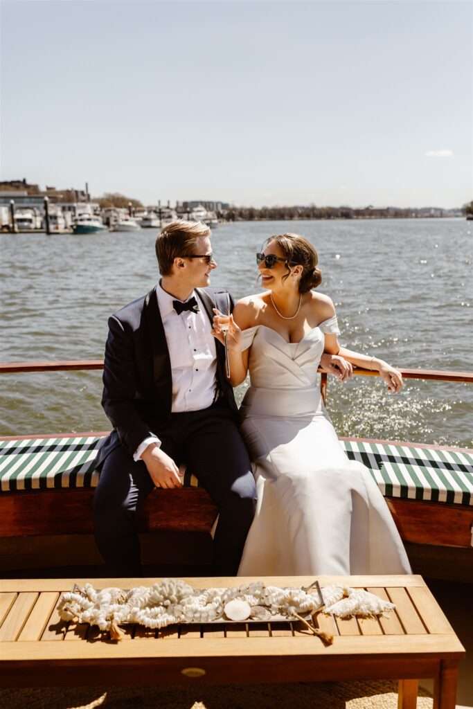 elegant elopement couple on a yacht during their dc elopement