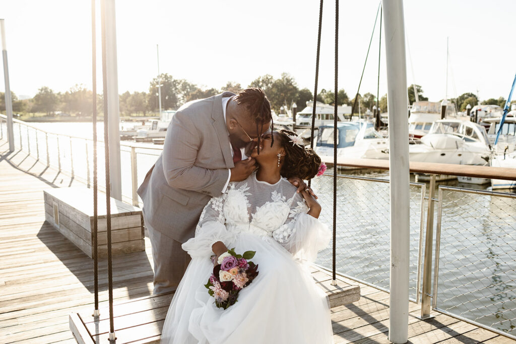 the wedding couple on the dock before their DC elopement reception