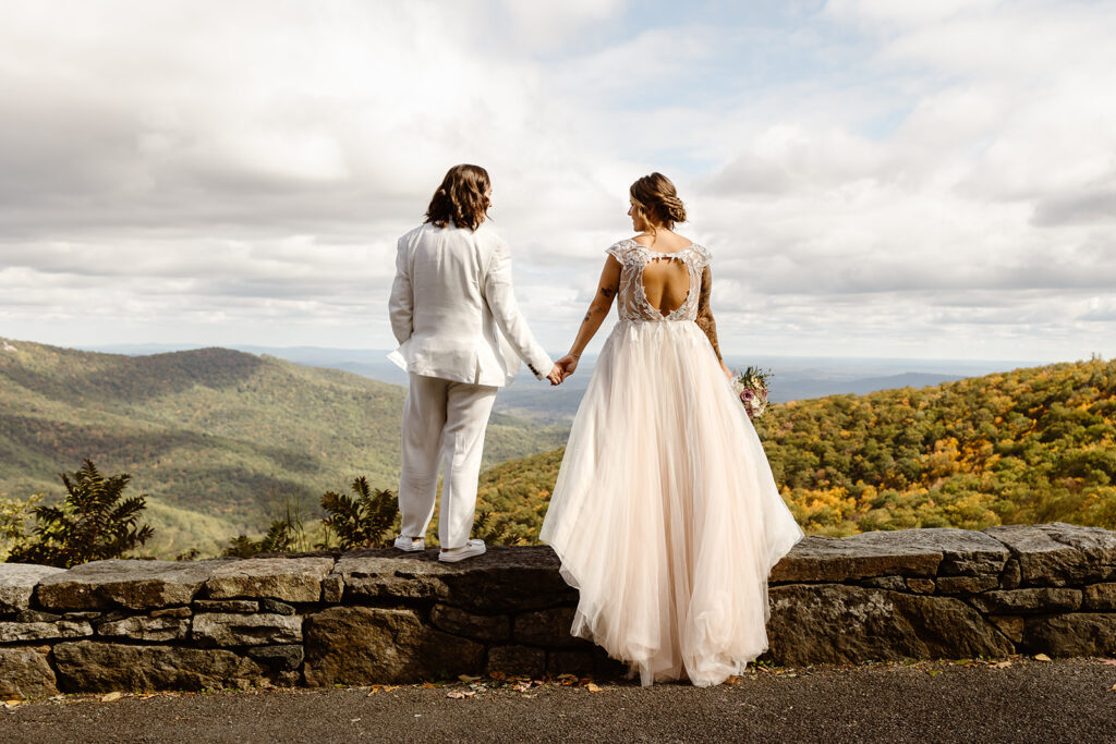 the wedding couple holding hands as they look over the mountain in Shenandoah National Park