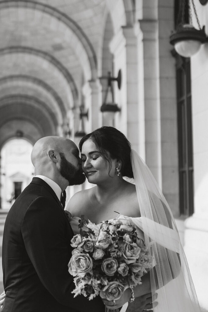 the wedding couple black and white portraits at Union Station during their Washington DC elopement. 