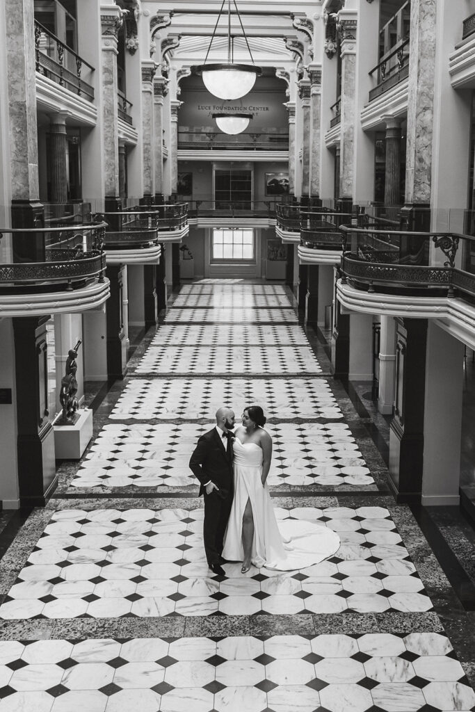 black and white elopement photos of the bride and groom in Washington DC