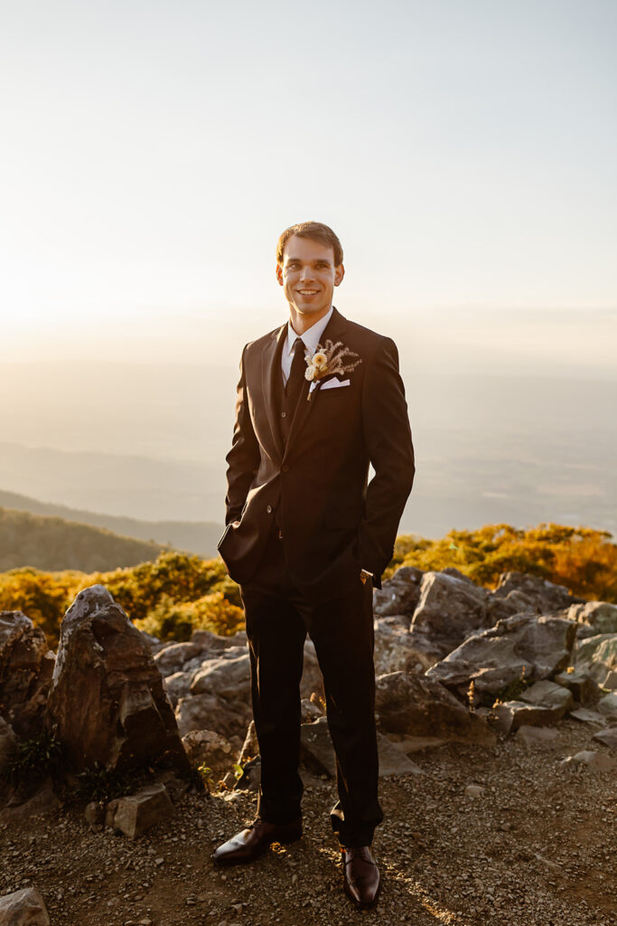 Groom wedding photos during golden hour at Shenandoah National Park