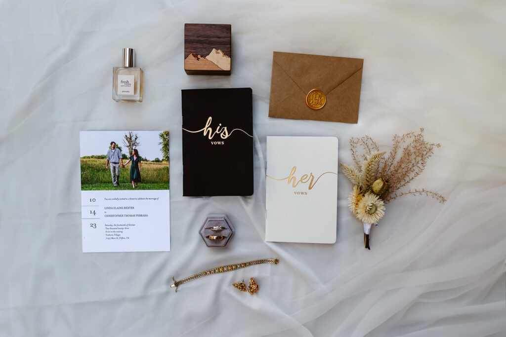 the wedding details flat lay for the Shenandoah flat lay