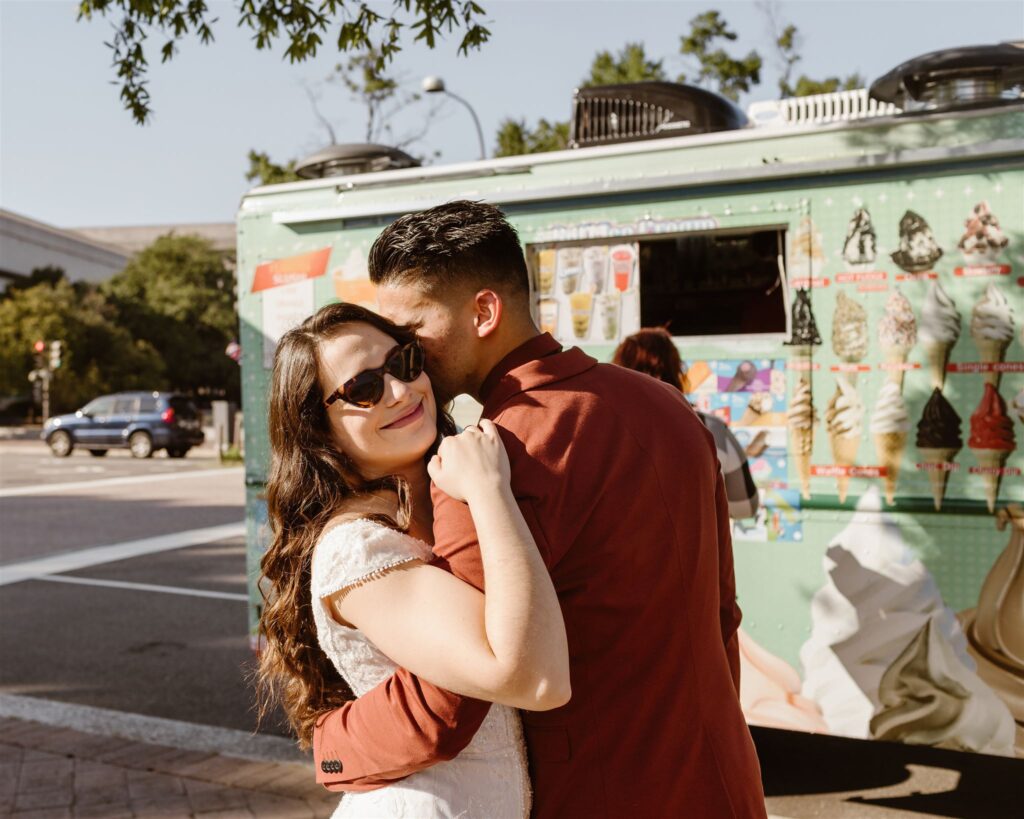the wedding couple in Washington DC enjoying a food truck during their DC elopement