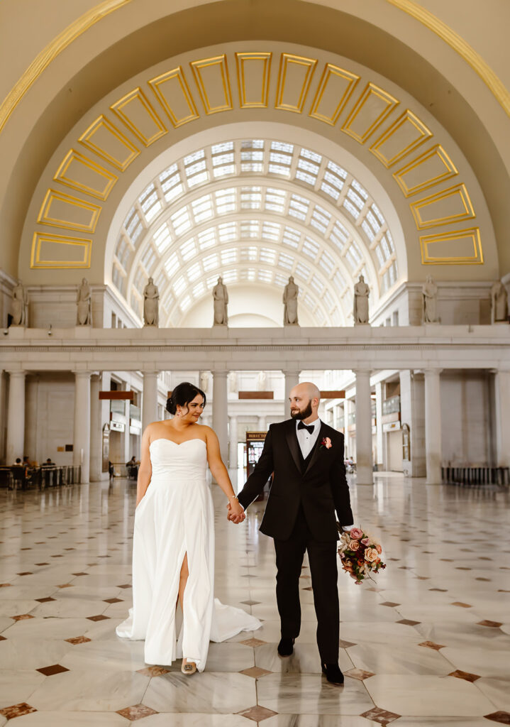 the wedding couple at Union Station for elopement wedding photography
