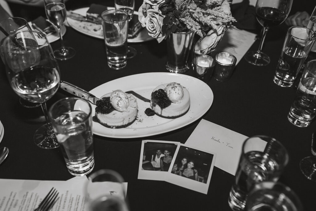 wedding photos and dessert on the wedding tables for the elopement in Washington DC