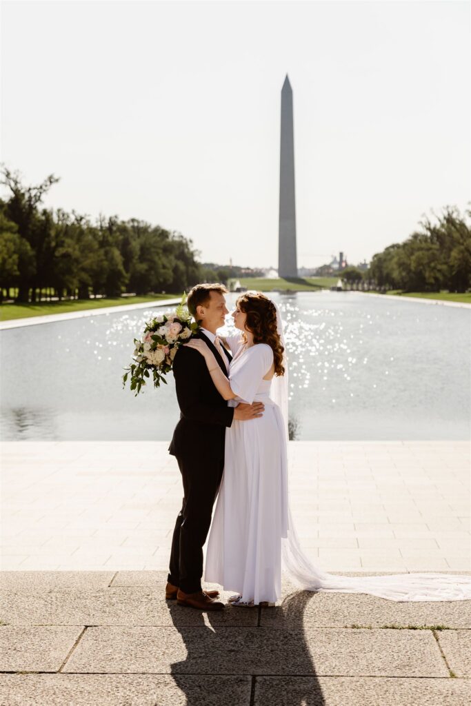 bride and groom exploring city locations during their dc courthouse elopement day