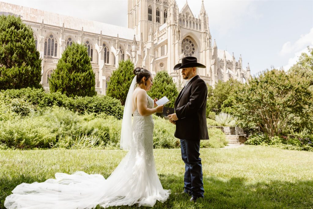 candid elopement ceremony moment at the national cathedral in dc