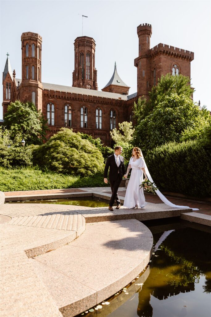 bride and groom exploring city locations during their dc courthouse elopement day