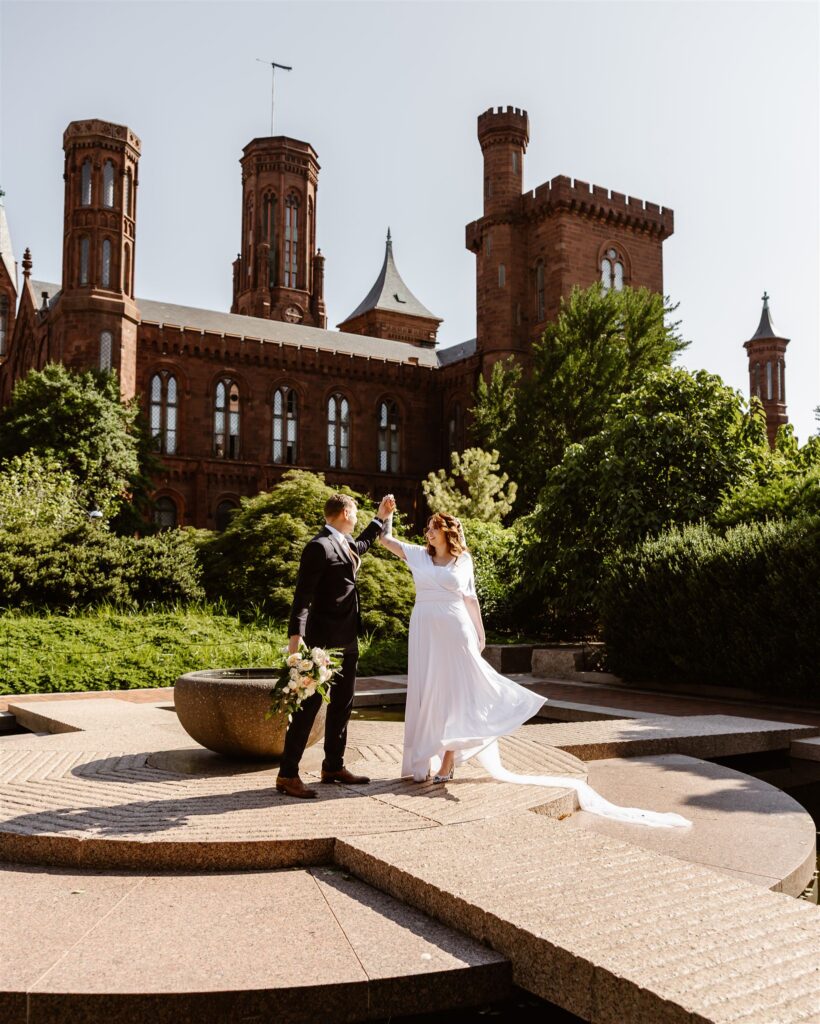 bride and groom exploring enid a haupt garden at the smithsonian castle