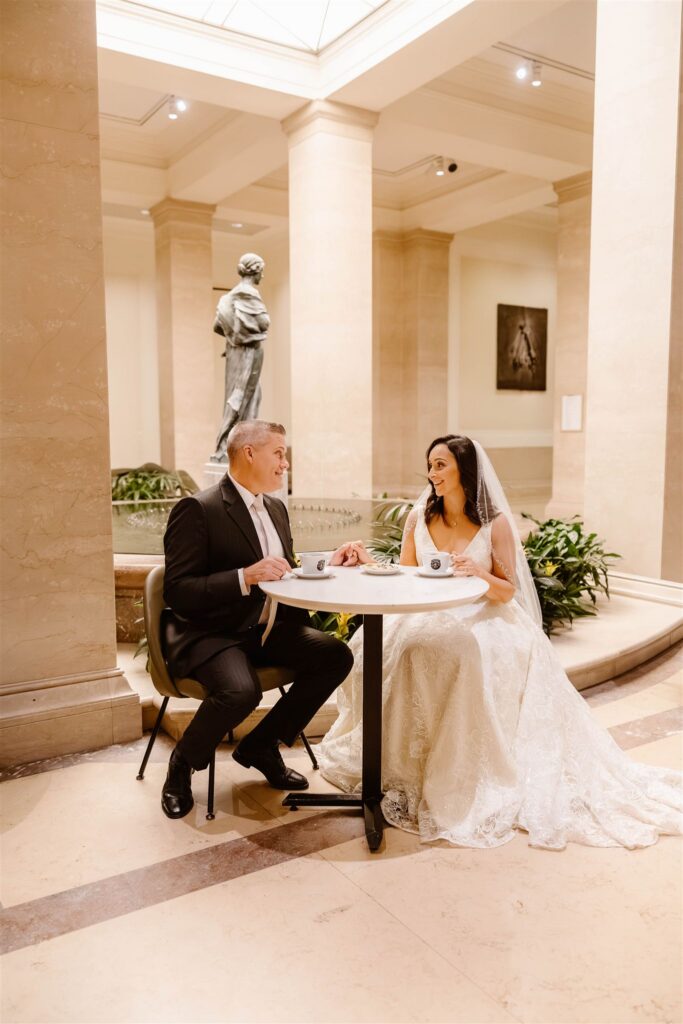 bride and groom enjoying a coffee break together