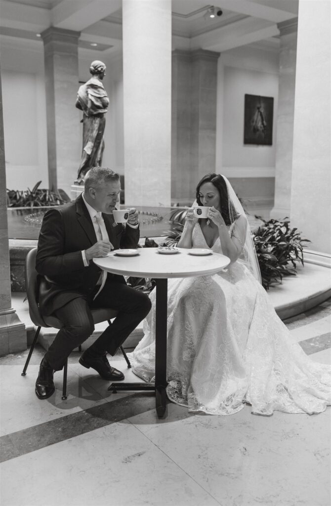 bride and groom enjoying a coffee break together