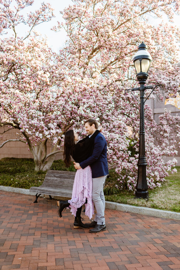 a couples photoshoot at the Enid A. Haupt Garden with the spring flowers