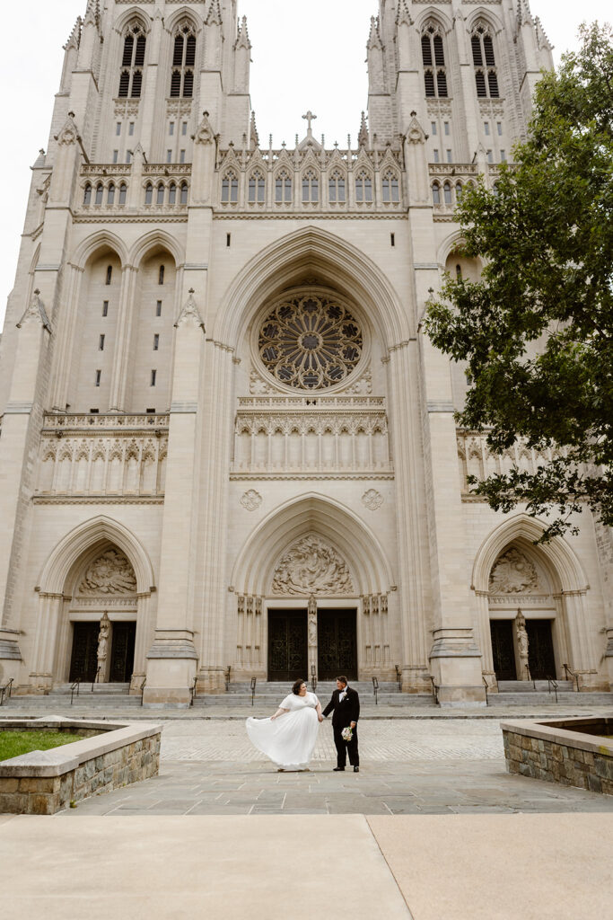 the wedding couple outside of the cathedral for DC elopement photos