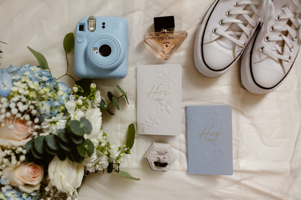 wedding day details of the flat lay