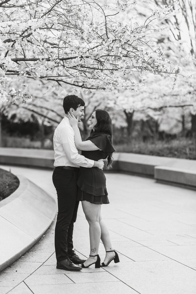 black and white photo of the DC engaged couple 
