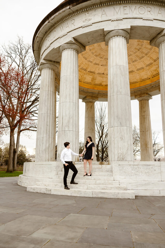 the DC couple at the DC War Memorial for spring engagement photos
