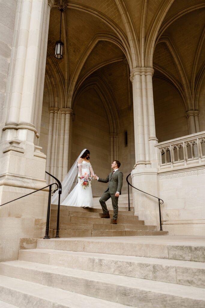 wedding couple in the courtyard at the National Cathedral

