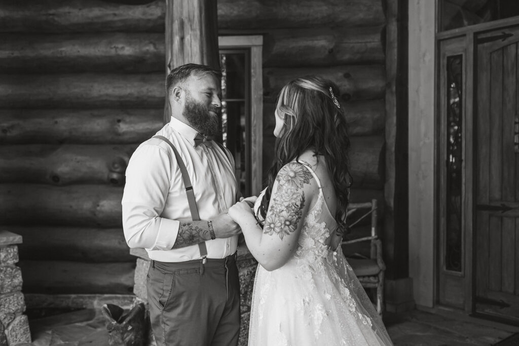 black and white wedding photos of the wedding couple in Shenandoah National Park