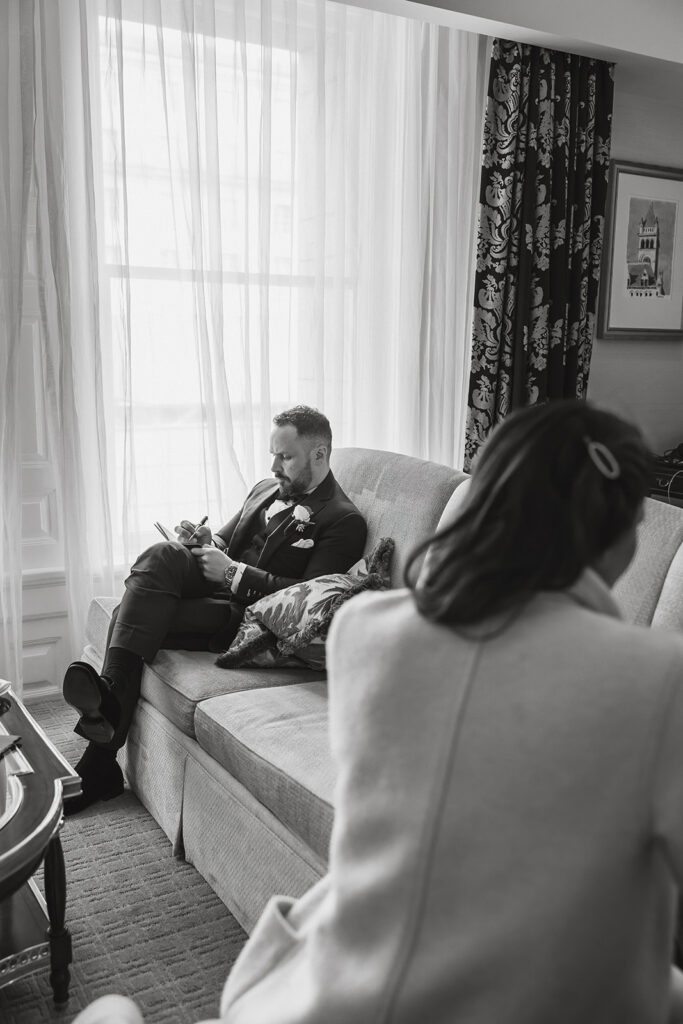 the groom writing his vows at the hotel in Washington DC