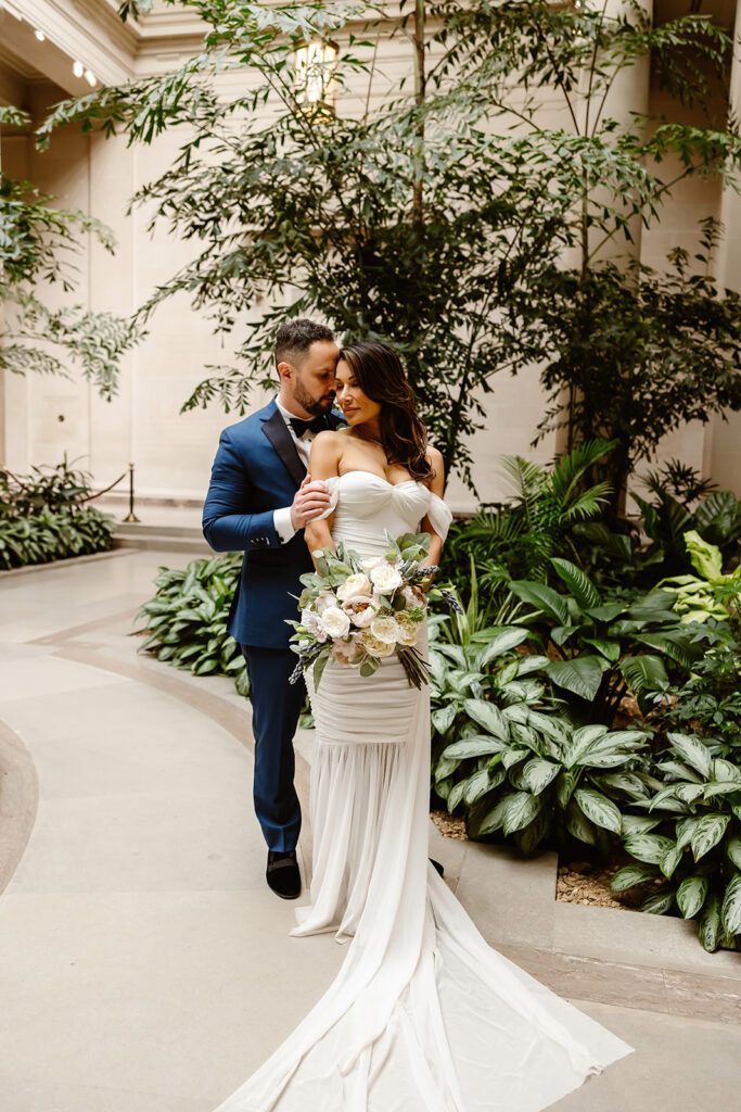 the wedding couple in the garden at the National Gallery of Art