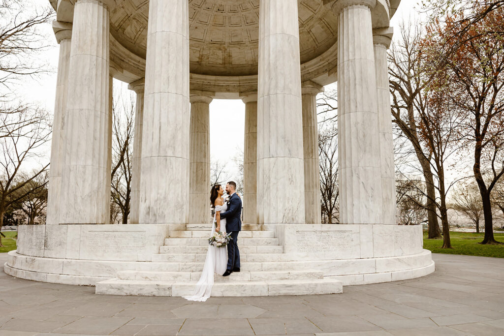 the wedding couple at the DC War Memorial for their wedding