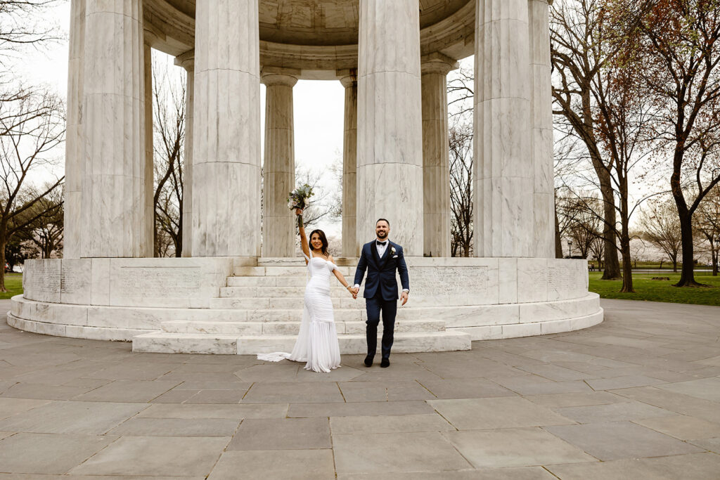 the wedding couple celebrating their dc elopement at the DC War Memorial