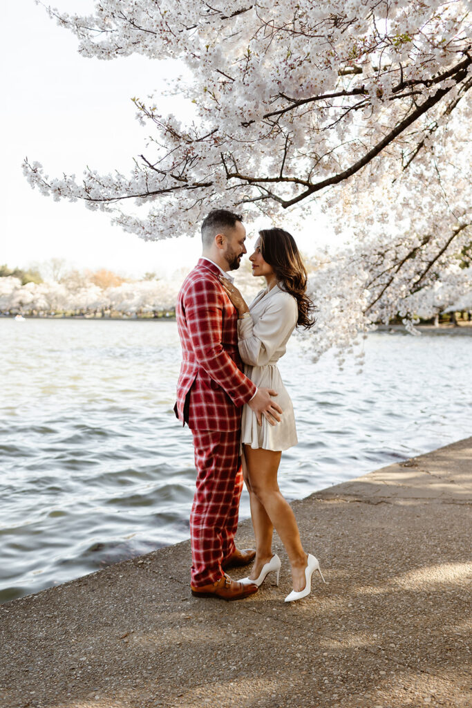 the wedding couple with the white cherry blossoms by the Tidal Basin in DC