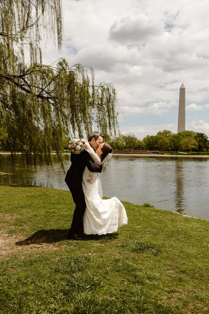 the wedding couple kissing after their DC elopement ceremony 