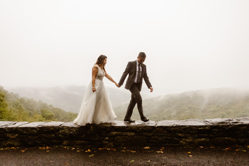 adventure couple at their rainy day elopement in Shenandoah National Park