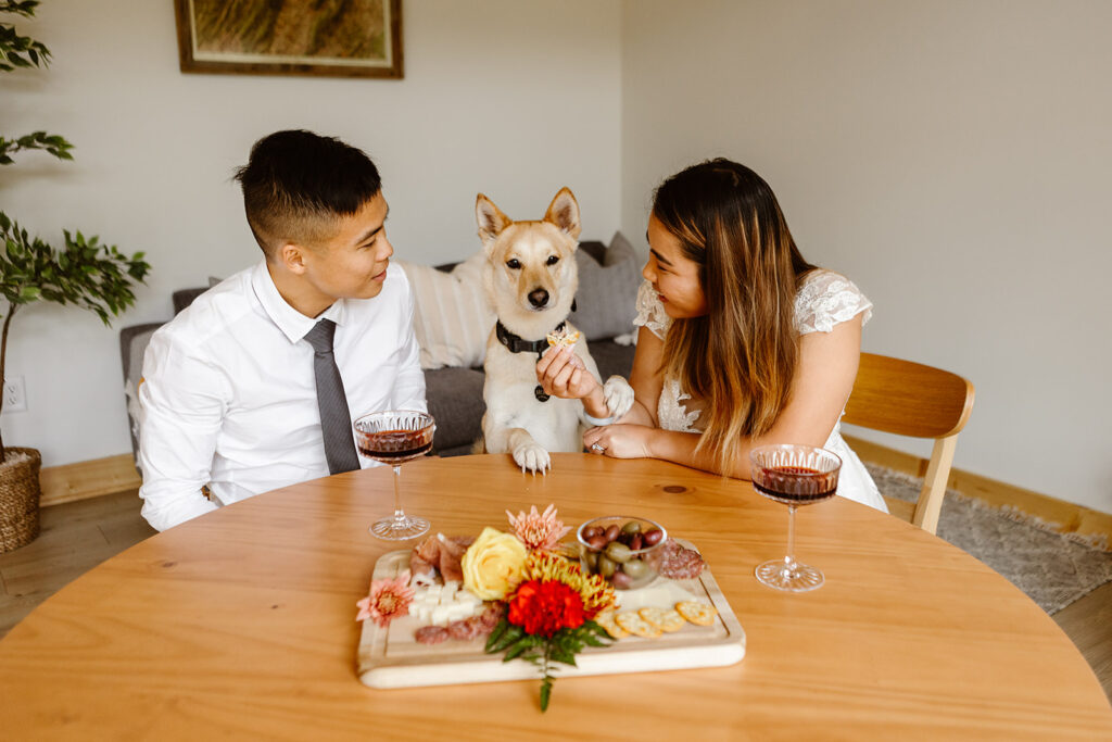 the wedding couple celebrating with their dog at their wedding celebration