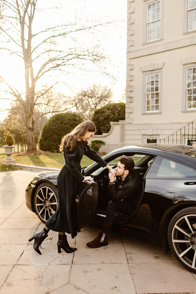 the engagement couple with their car for creative engagement photos in Virginia