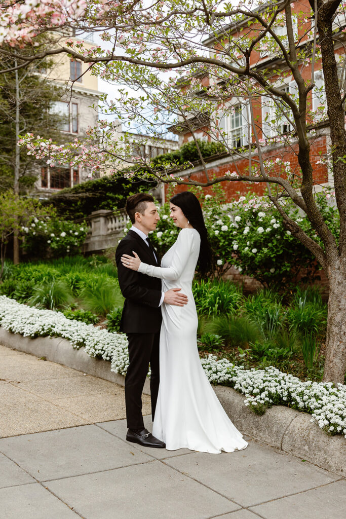 the wedding couple standing together after their Spanish Steps elopement