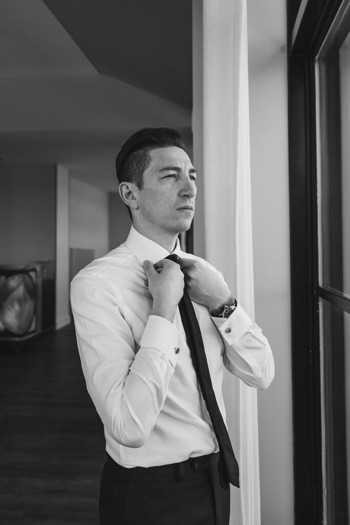 the groom getting ready photos at the hotel in Washington DC