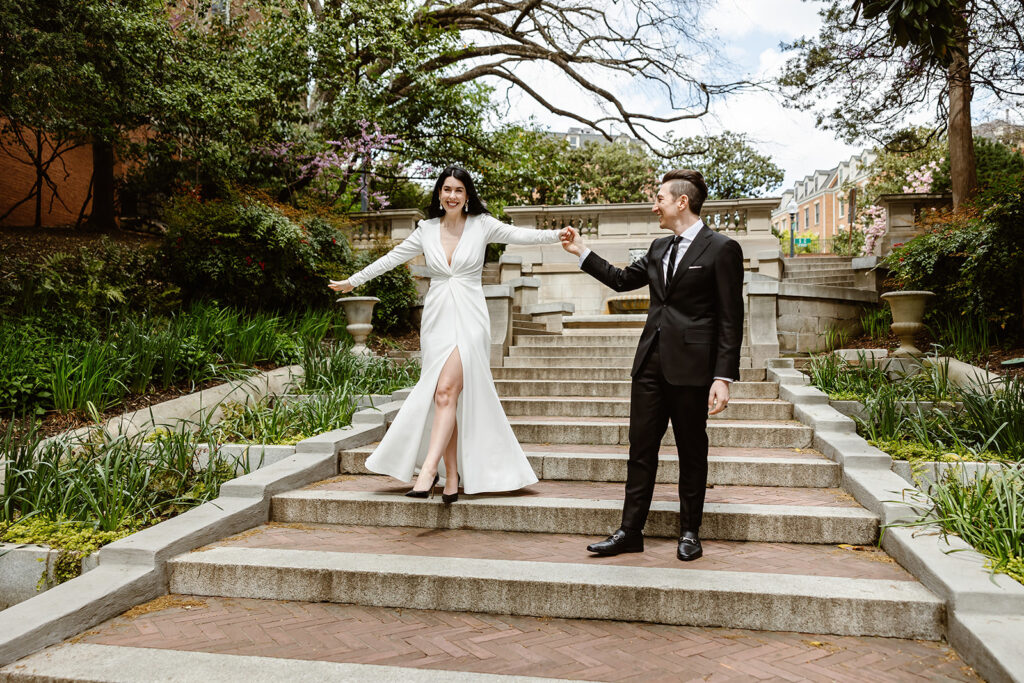 the wedding couple on the Spanish steps during their elopement ceremony