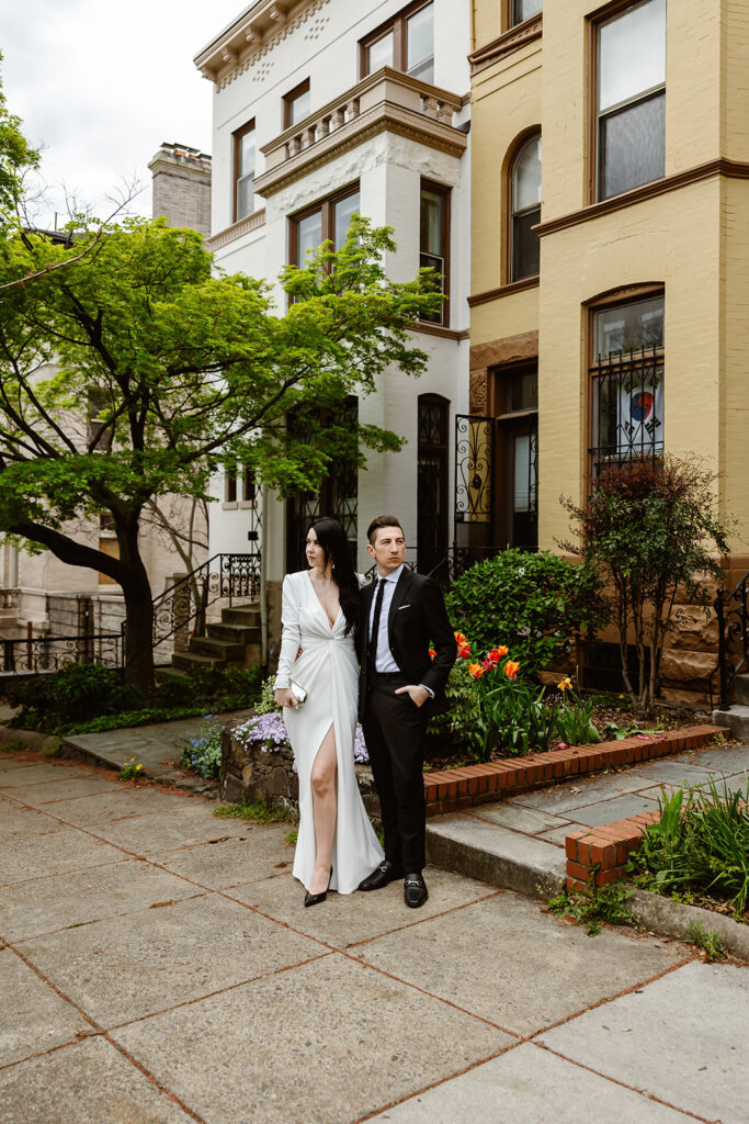 the wedding couple walking in Georgetown during their elopement