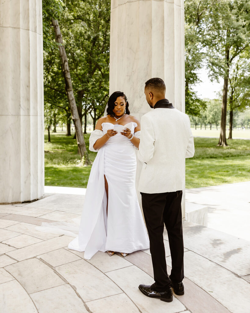 the bride and groom sharing their wedding vows at the DC War Memorial