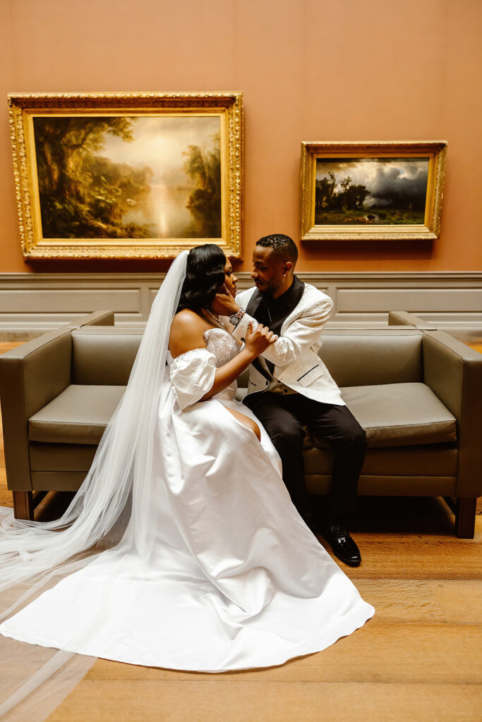elegant bride and groom at the national gallery of art during their last minute elopement in dc