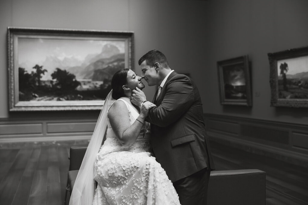 the wedding couple in black and white at the National Gallery of Art